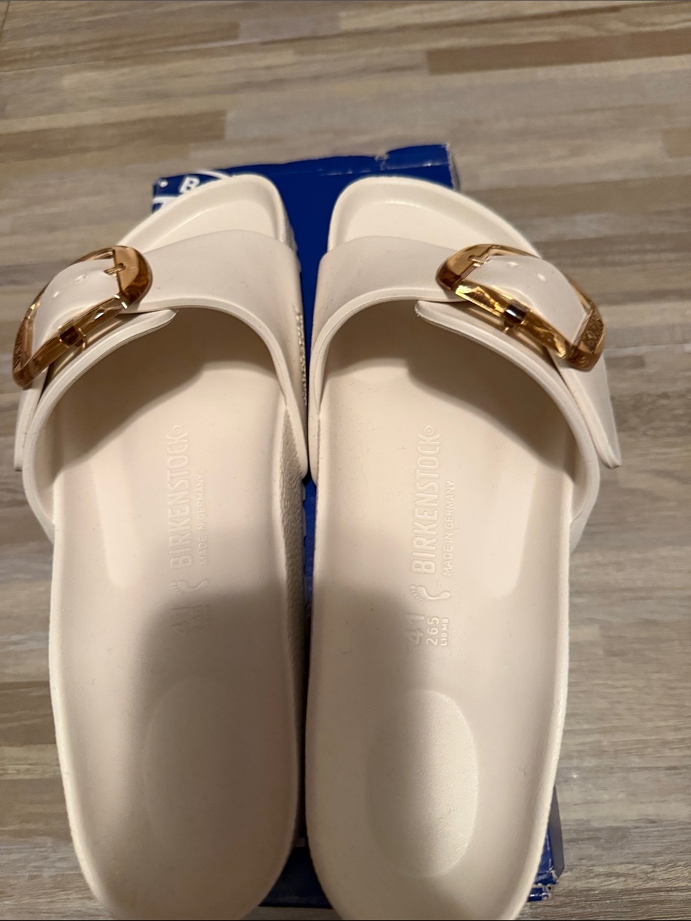 Birkenstock White EVA Madrid Slides with Gold Buckles